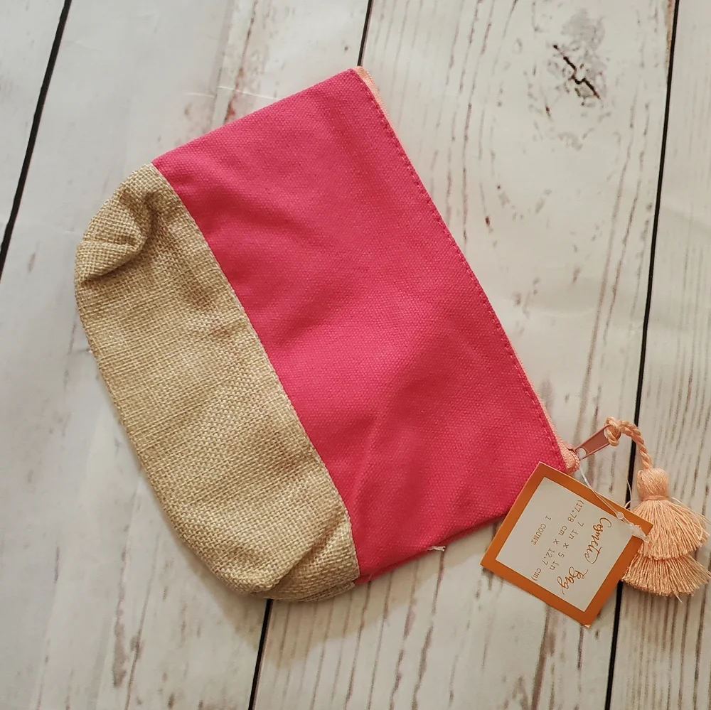 Hot pink canvas, jute makeup bag with tassle pull